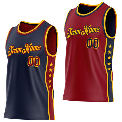 Custom Reversible Navy Crimson-Gold Double Side Star Sublimation Basketball Set Jersey