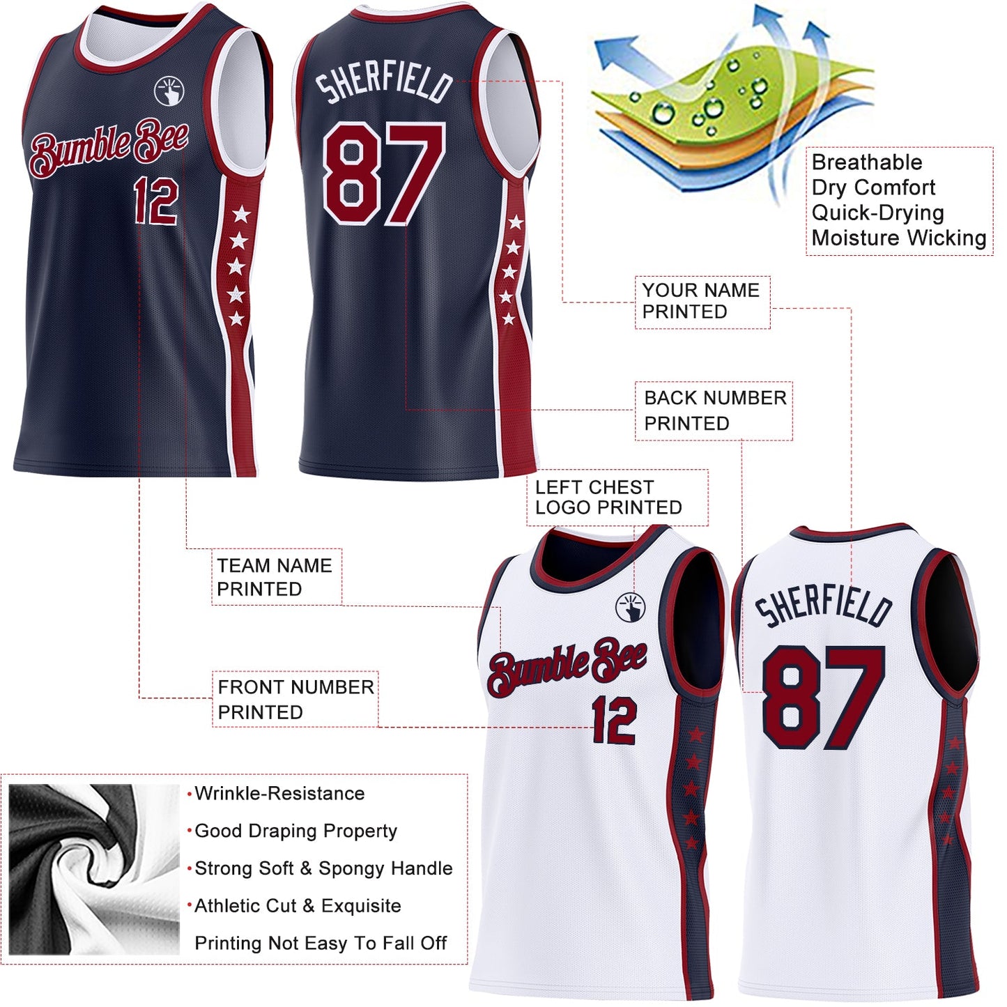 Custom Reversible Navy Crimson-White Double Side Star Sublimation Basketball Set Jersey