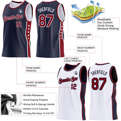 Custom Reversible Navy Crimson-White Double Side Star Sublimation Basketball Set Jersey