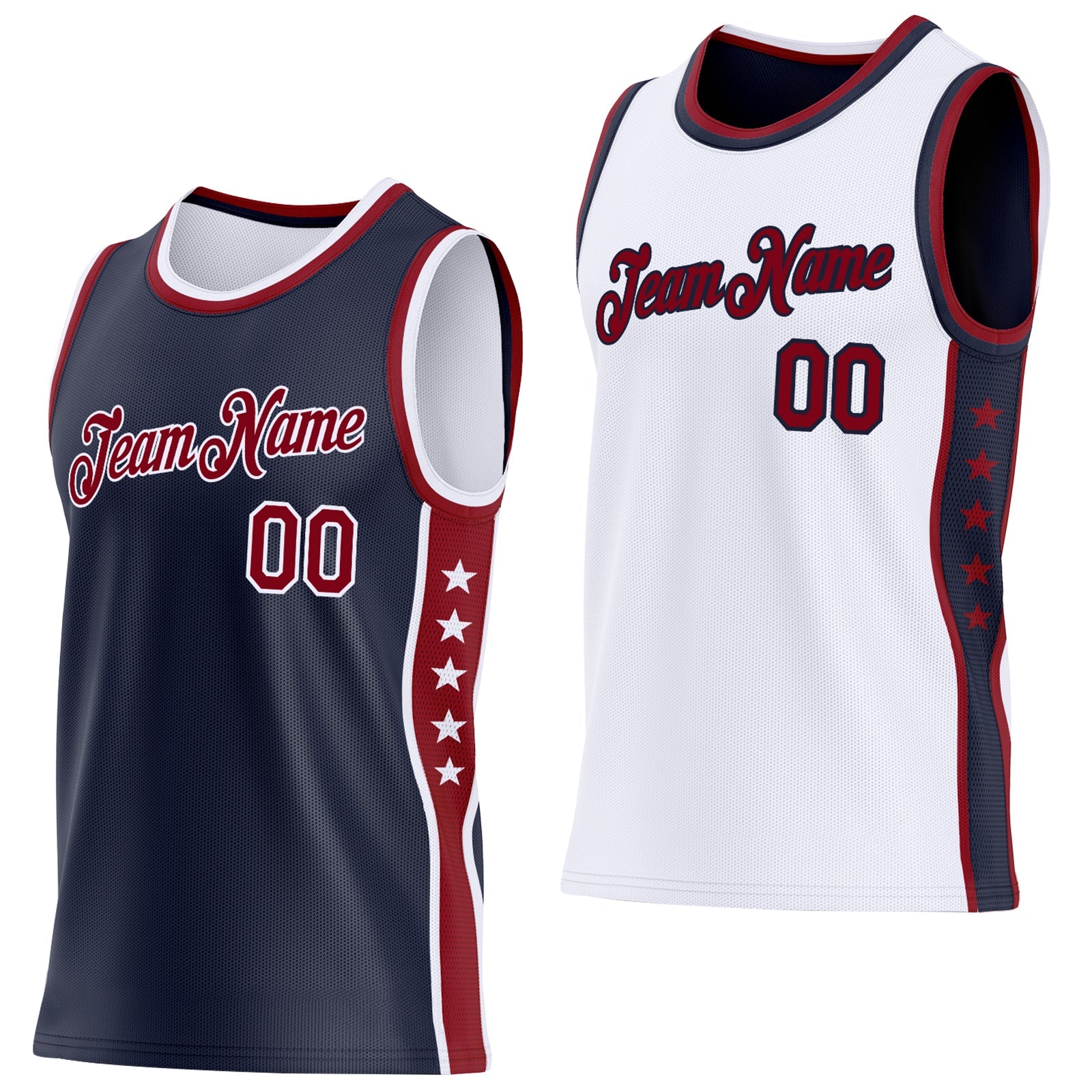 Custom Reversible Navy Crimson-White Double Side Star Sublimation Basketball Set Jersey