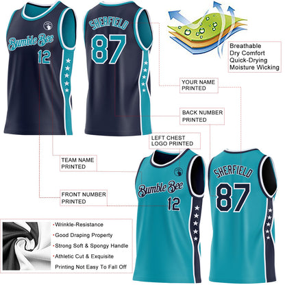 Custom Reversible Navy Teal-White Double Side Star Sublimation Basketball Set Jersey