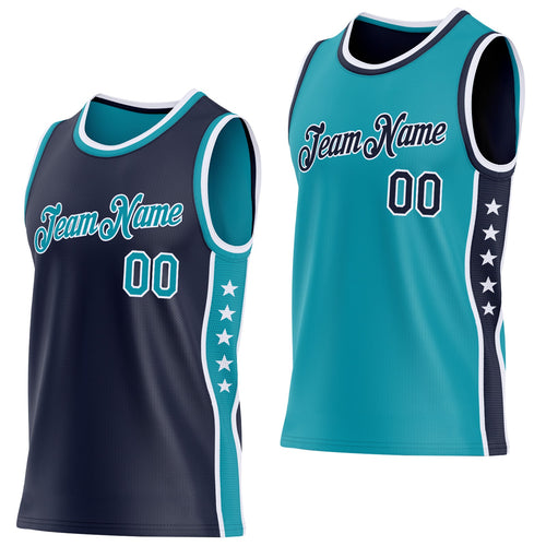 Custom Reversible Navy Teal-White Double Side Star Sublimation Basketball Set Jersey