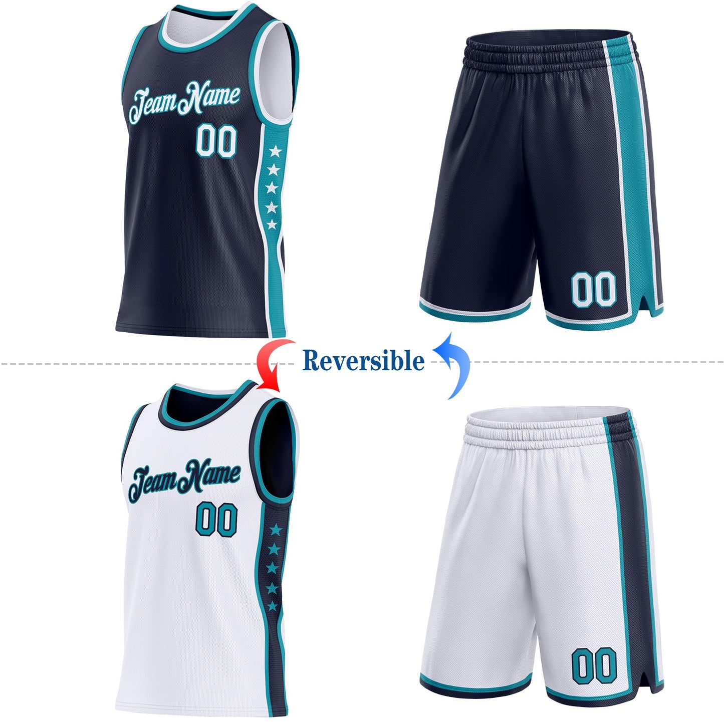 Custom Reversible Navy White-Teal Double Side Star Sublimation Basketball Set Jersey