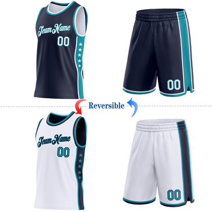 Custom Reversible Navy White-Teal Double Side Star Sublimation Basketball Set Jersey