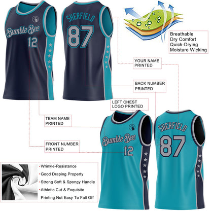 Custom Reversible Navy Gray-Teal Double Side Star Sublimation Basketball Set Jersey
