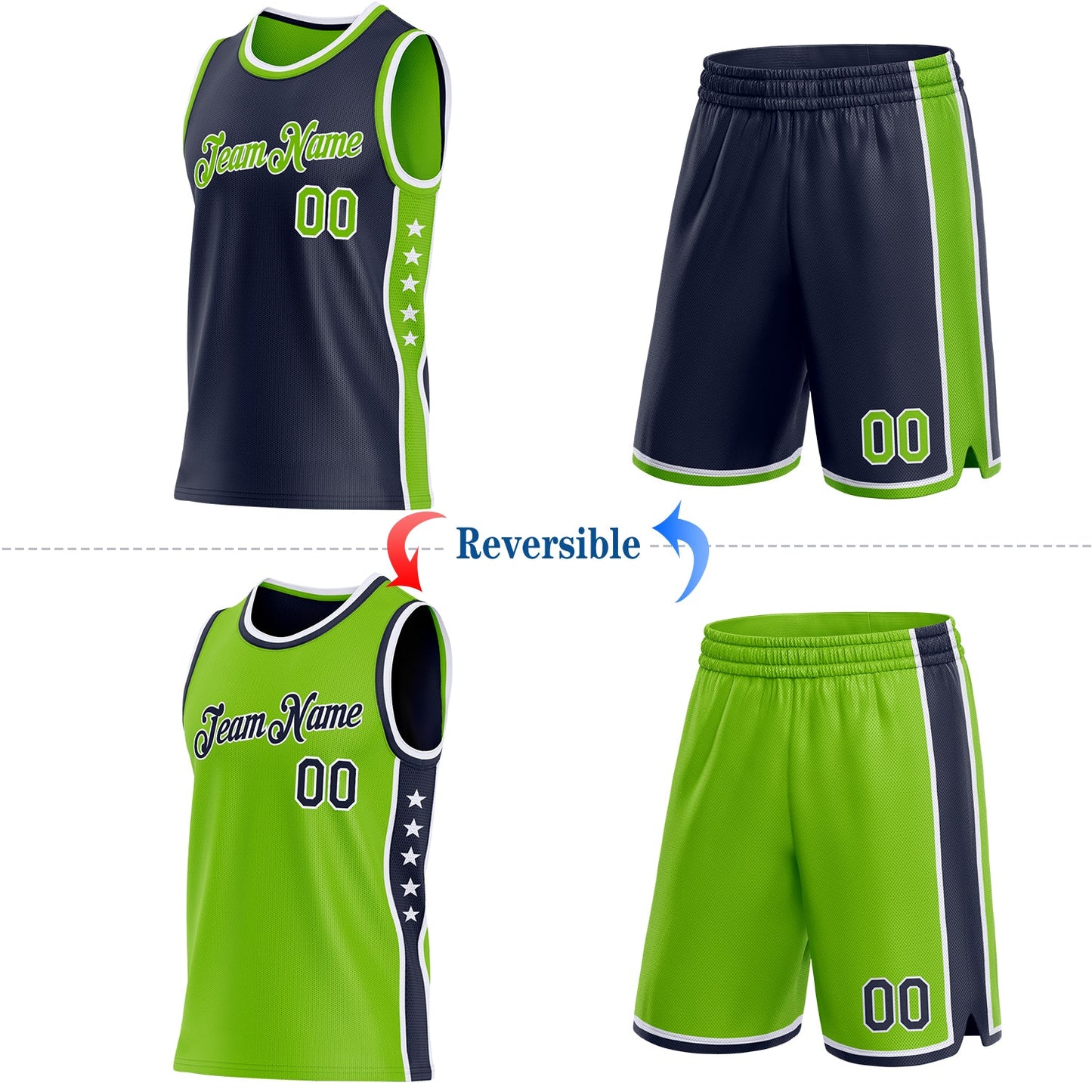 Custom Reversible Navy Neon Green-White Double Side Star Sublimation Basketball Set Jersey