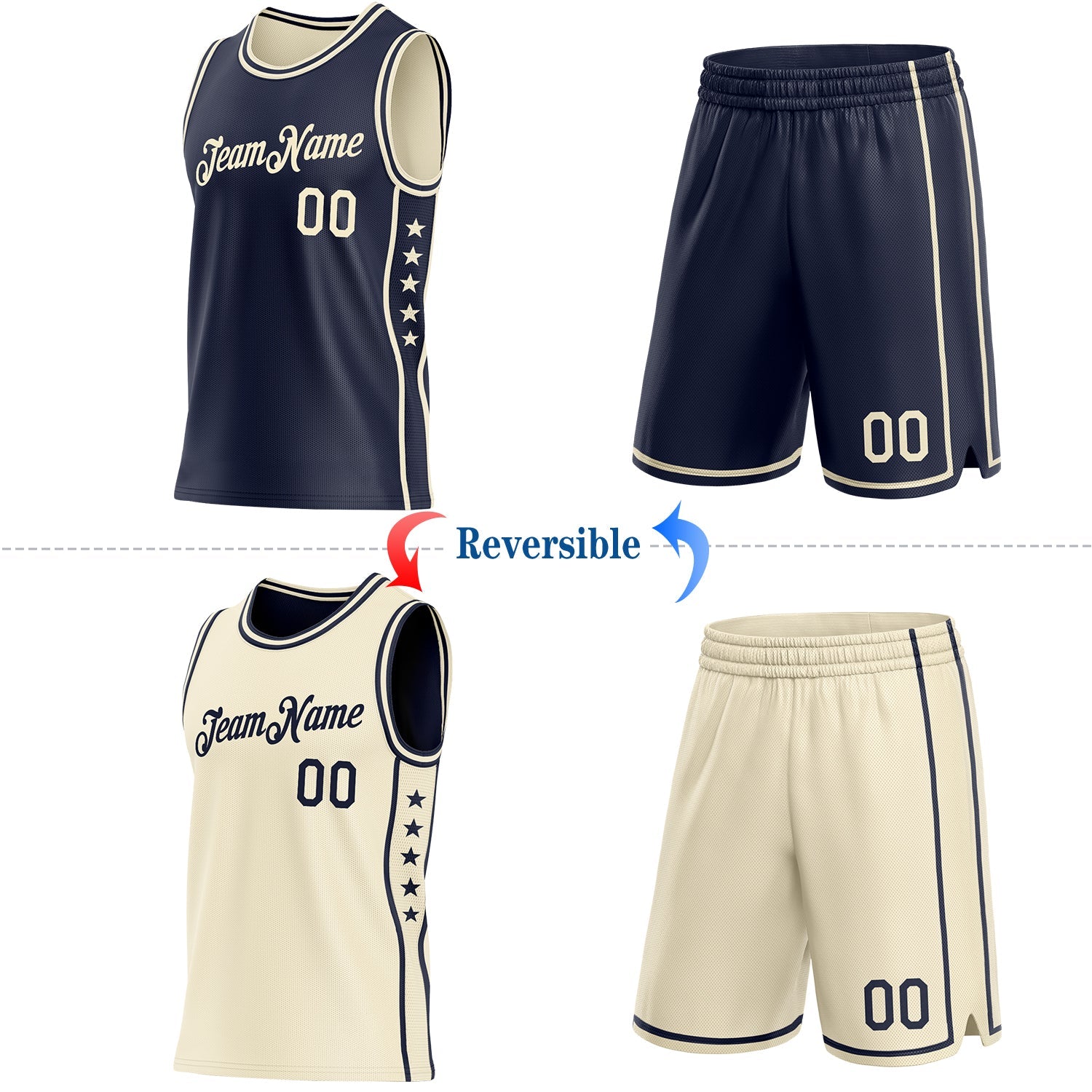 Custom Reversible Navy Cream Double Side Star Sublimation Basketball Set Jersey