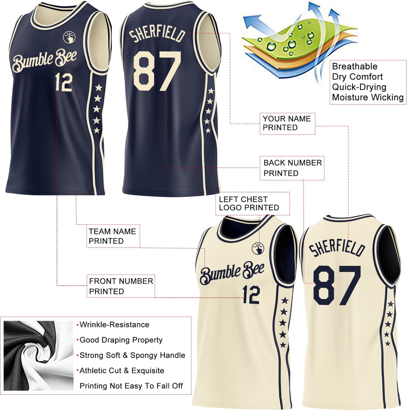 Custom Reversible Navy Cream Double Side Star Sublimation Basketball Set Jersey