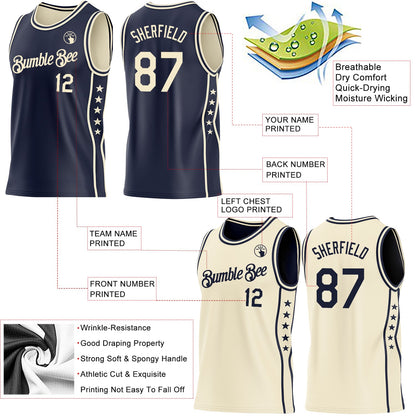 Custom Reversible Navy Cream Double Side Star Sublimation Basketball Set Jersey