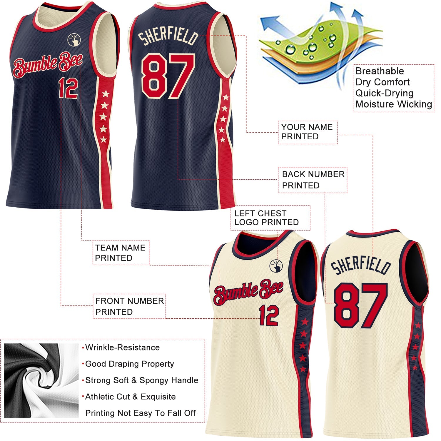 Custom Reversible Navy Red-Cream Double Side Star Sublimation Basketball Set Jersey