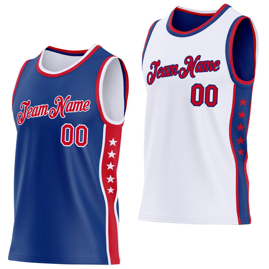Custom Reversible Royal Red-White Double Side Star Sublimation Basketball Set Jersey