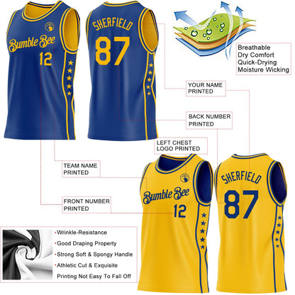 Custom Reversible Royal Gold Double Side Star Sublimation Basketball Set Jersey