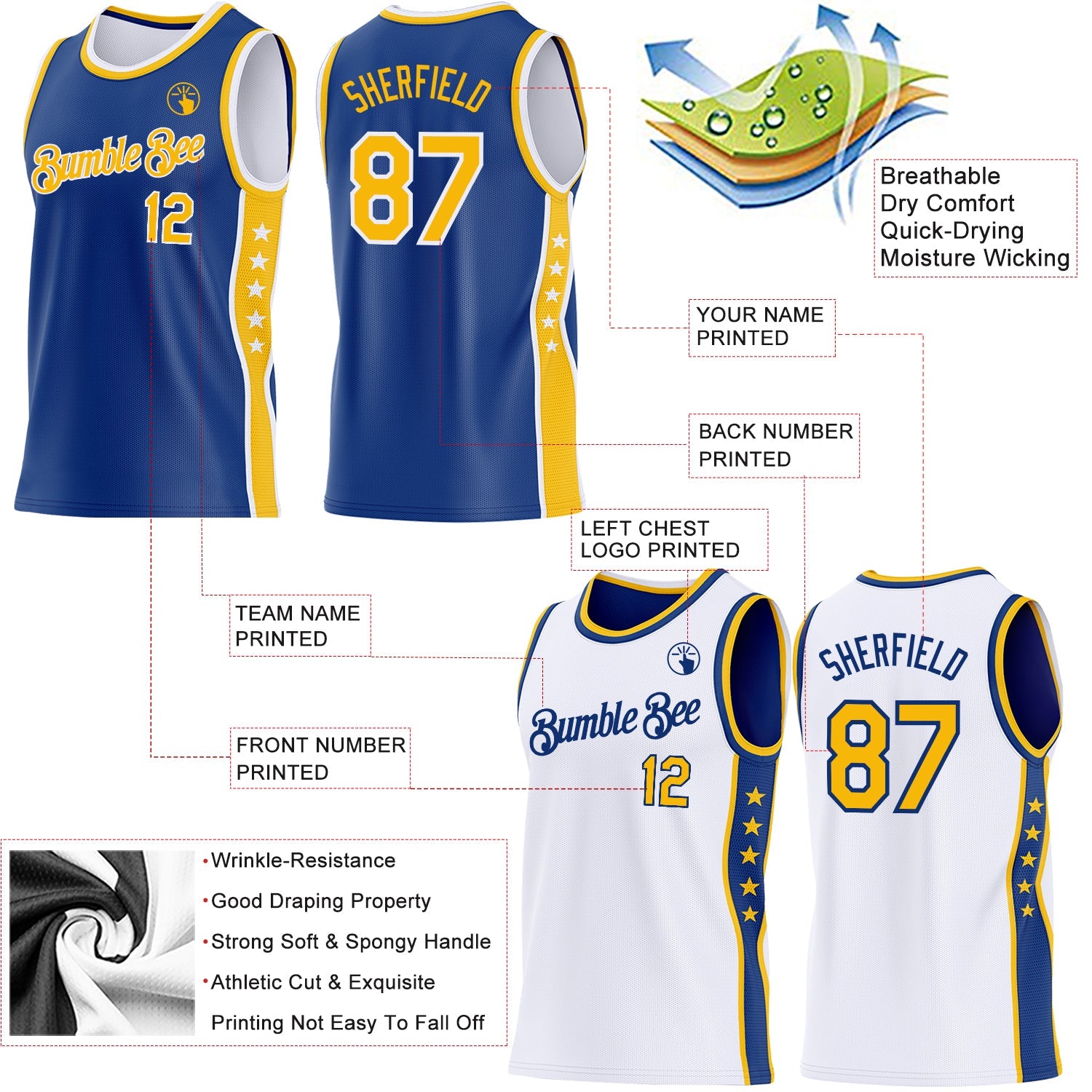 Custom Reversible Royal Gold-White Double Side Star Sublimation Basketball Set Jersey