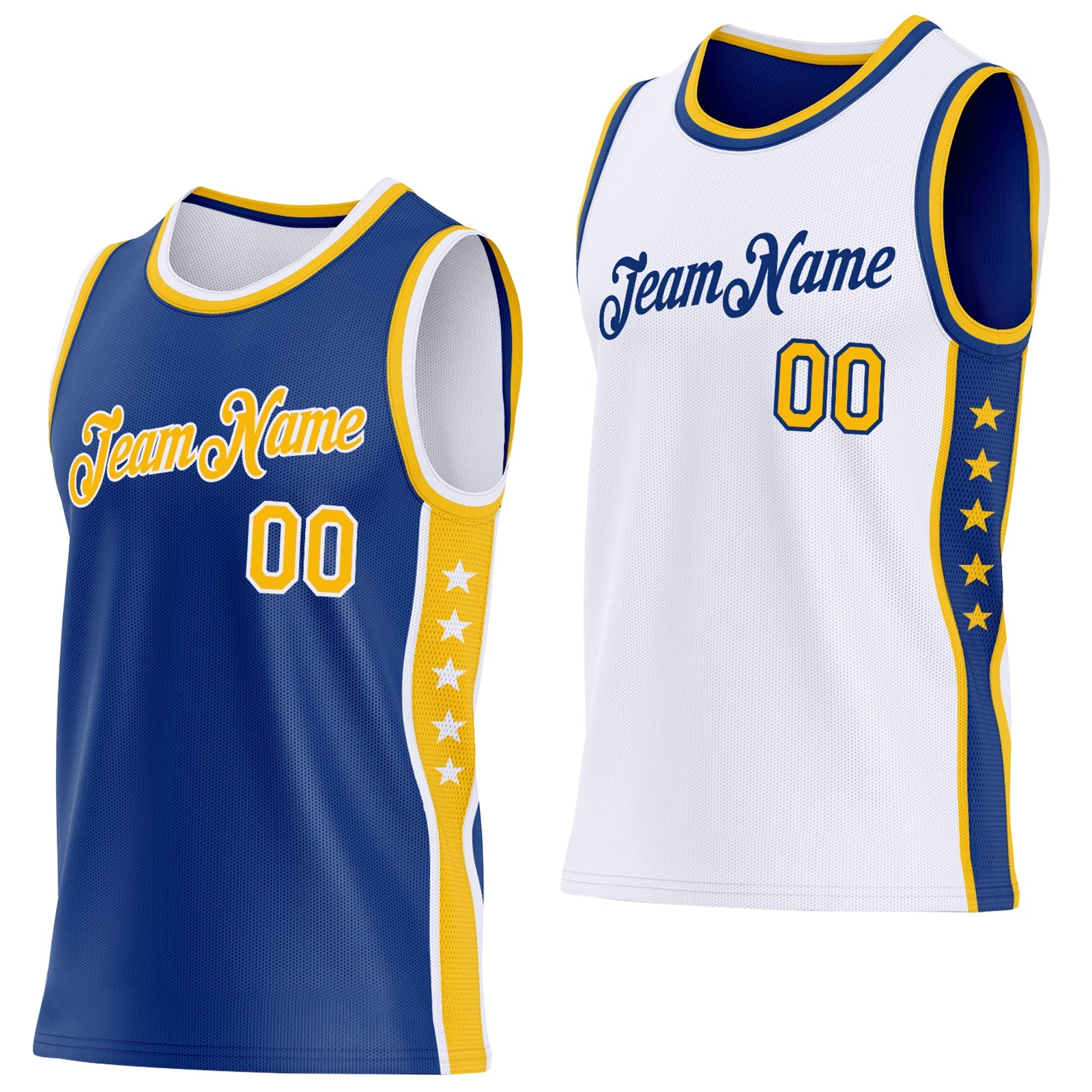 Custom Reversible Royal Gold-White Double Side Star Sublimation Basketball Set Jersey