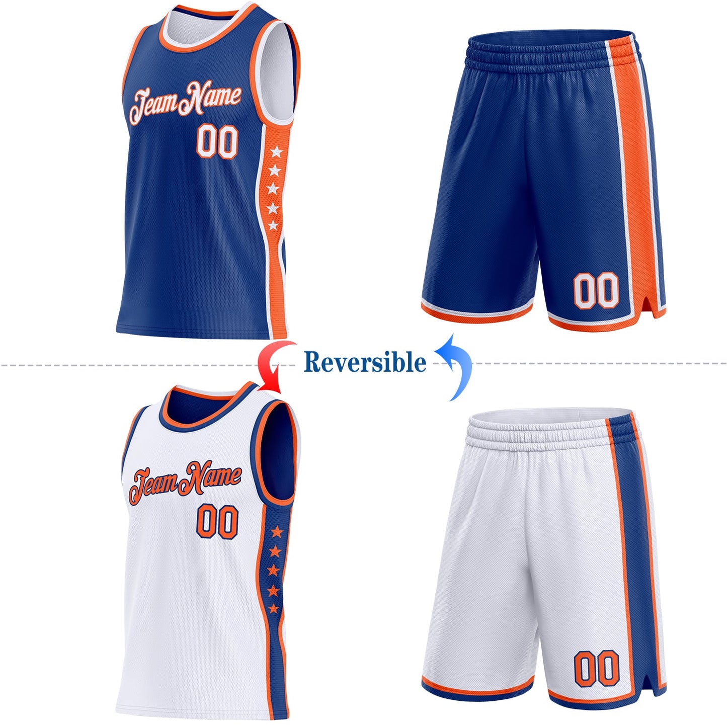 Custom Reversible Royal White-Orange Double Side Star Sublimation Basketball Set Jersey