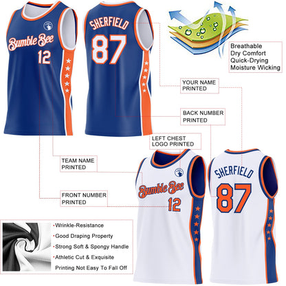 Custom Reversible Royal White-Orange Double Side Star Sublimation Basketball Set Jersey