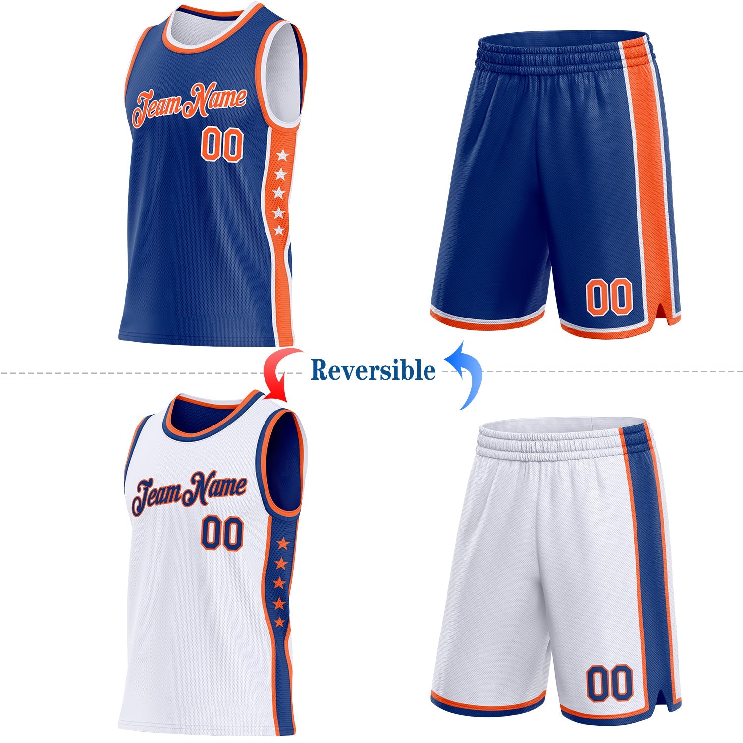 Custom Reversible Royal Orange-White Double Side Star Sublimation Basketball Set Jersey