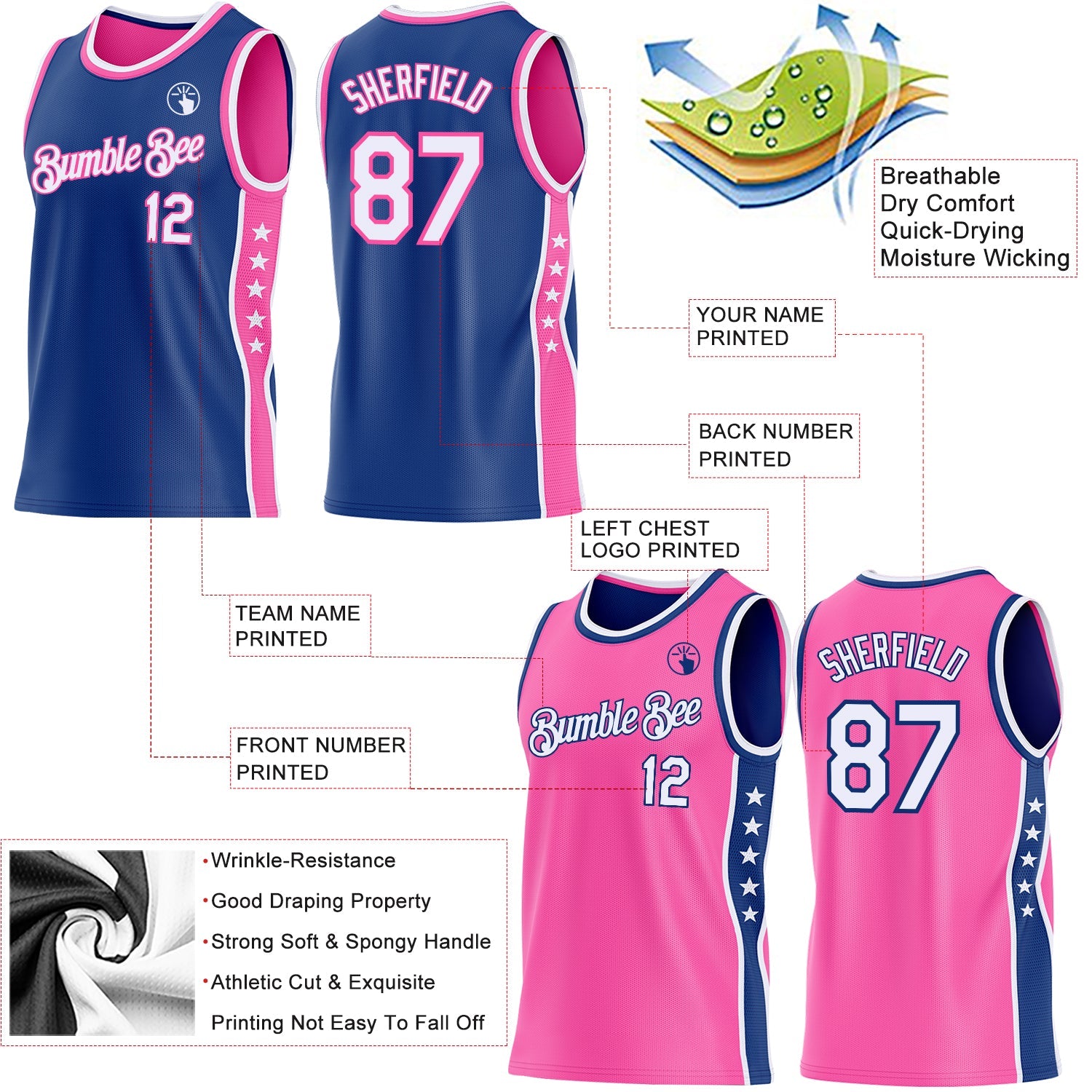 Custom Reversible Royal White-Pink Double Side Star Sublimation Basketball Set Jersey