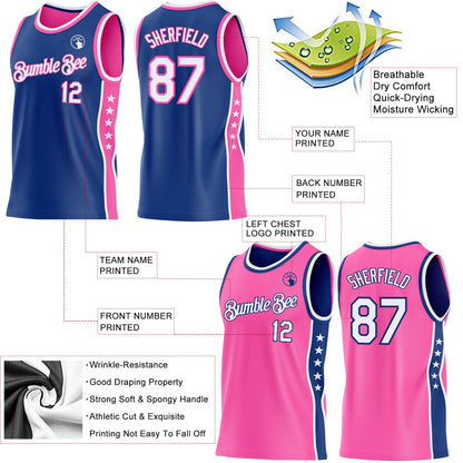 Custom Reversible Royal White-Pink Double Side Star Sublimation Basketball Set Jersey