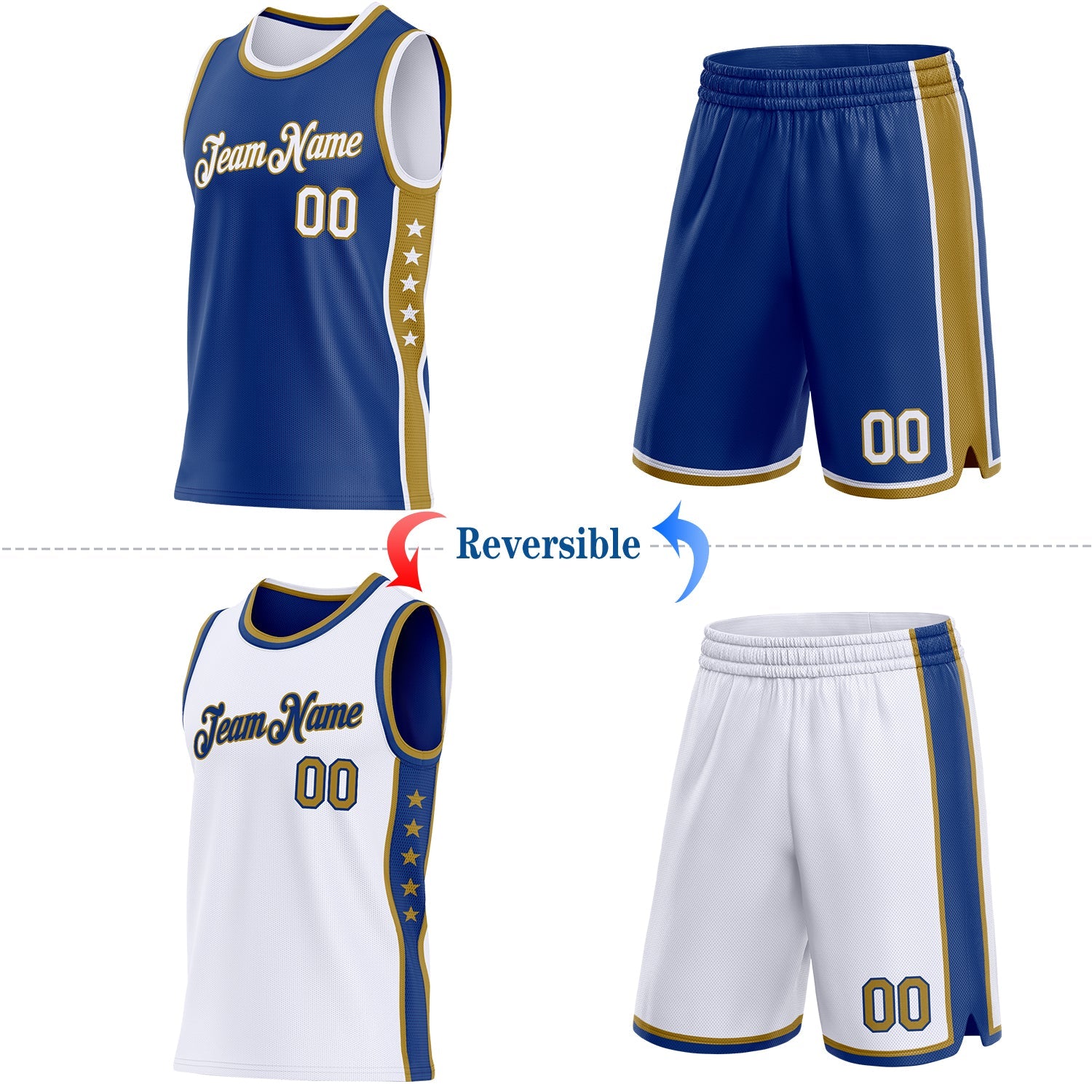 Custom Reversible Royal White-Old Gold Double Side Star Sublimation Basketball Set Jersey