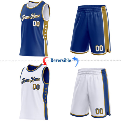 Custom Reversible Royal White-Old Gold Double Side Star Sublimation Basketball Set Jersey
