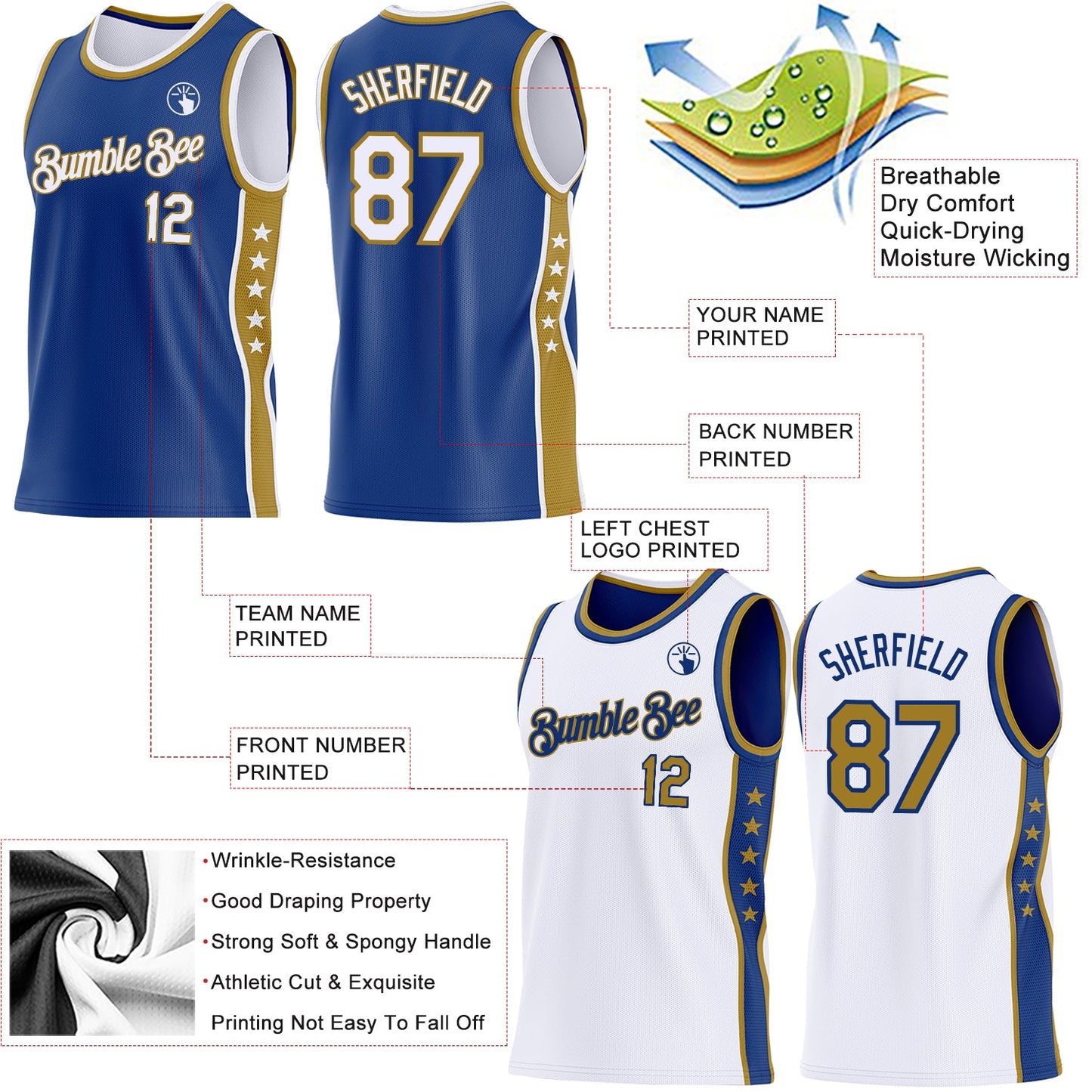 Custom Reversible Royal White-Old Gold Double Side Star Sublimation Basketball Set Jersey