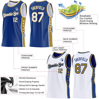 Custom Reversible Royal White-Old Gold Double Side Star Sublimation Basketball Set Jersey