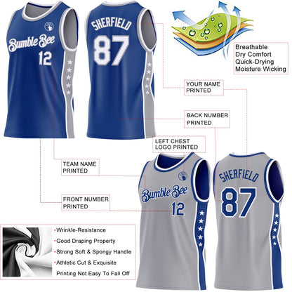 Custom Reversible Royal White-Gray Double Side Star Sublimation Basketball Set Jersey