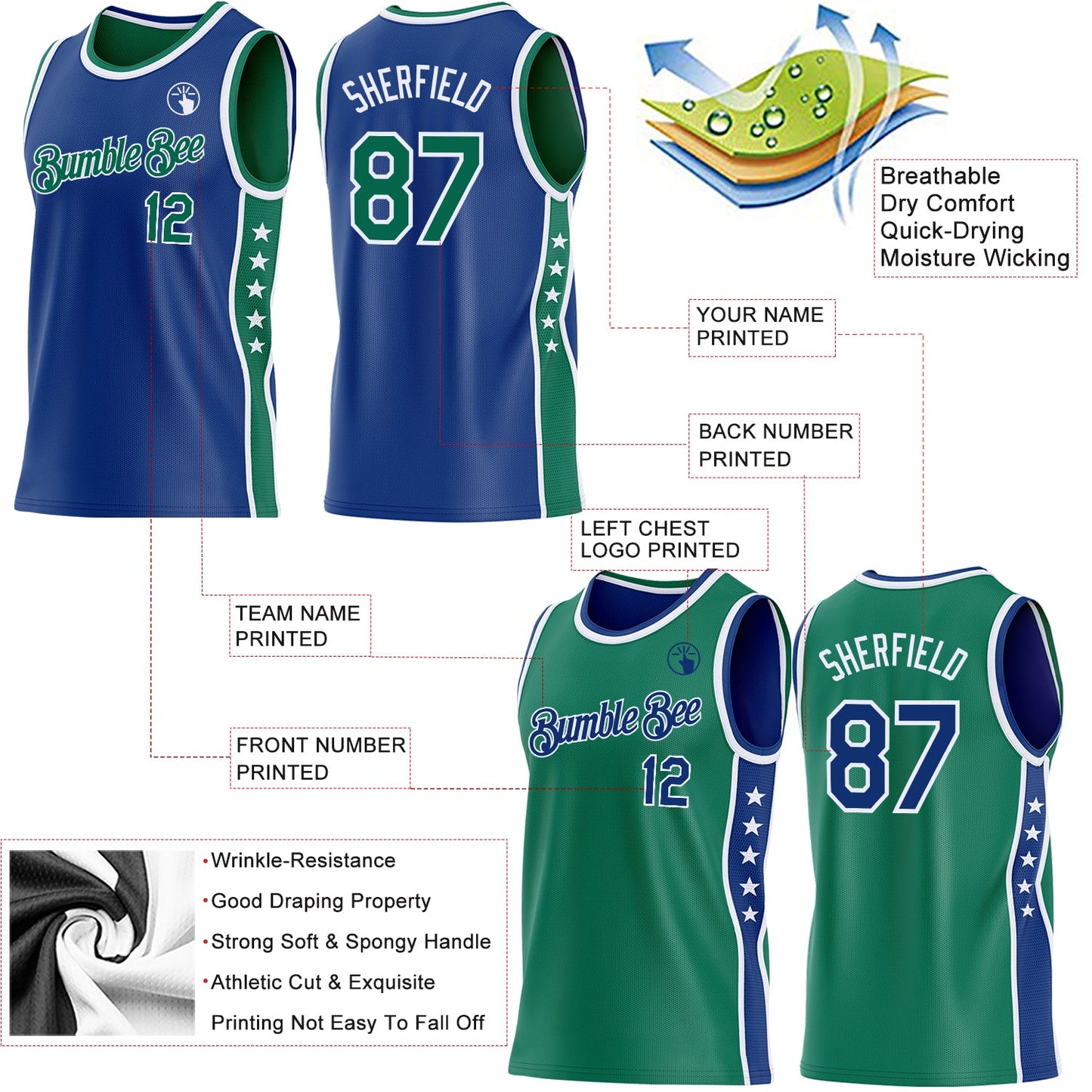 Custom Reversible Royal Kelly Green-White Double Side Star Sublimation Basketball Set Jersey