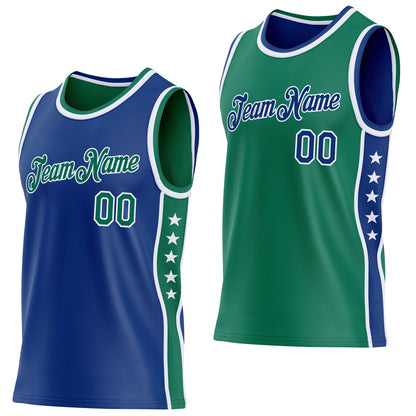 Custom Reversible Royal Kelly Green-White Double Side Star Sublimation Basketball Set Jersey