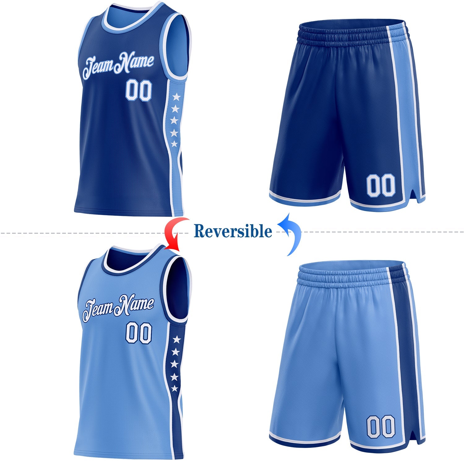 Custom Reversible Royal White-Lakes Blue Double Side Star Sublimation Basketball Set Jersey