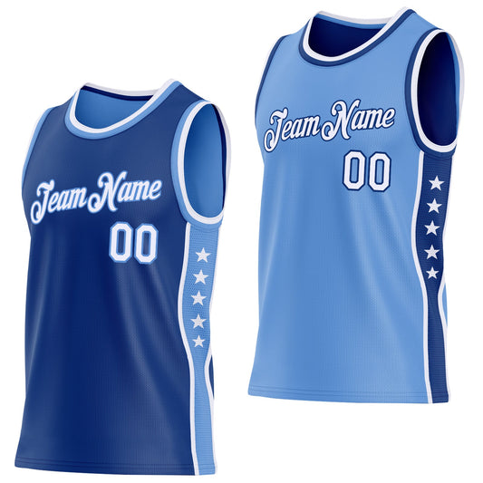 Custom Reversible Royal White-Lakes Blue Double Side Star Sublimation Basketball Set Jersey