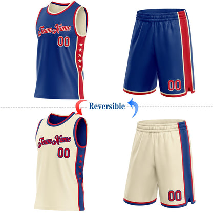 Custom Reversible Royal Red-Cream Double Side Star Sublimation Basketball Set Jersey