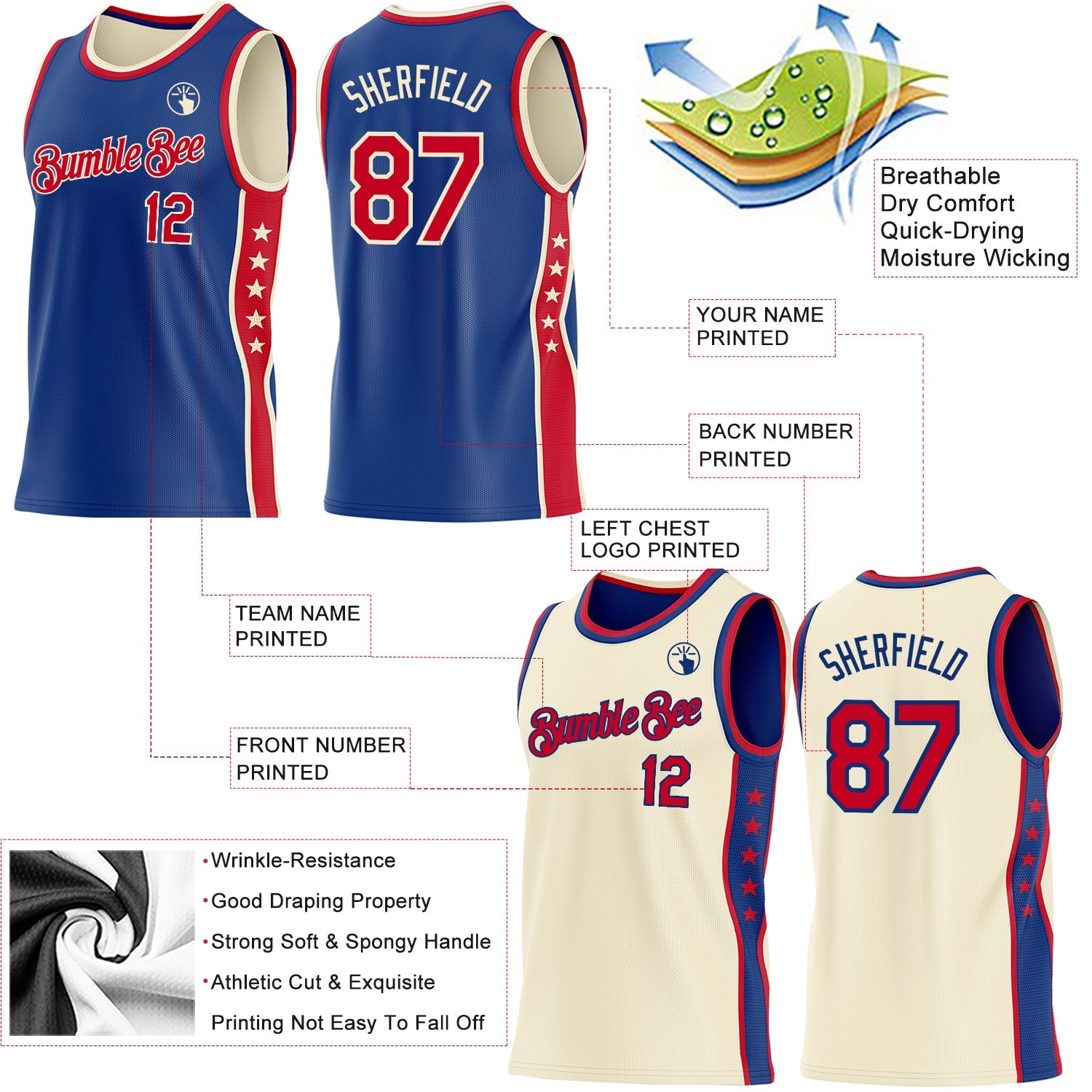 Custom Reversible Royal Red-Cream Double Side Star Sublimation Basketball Set Jersey