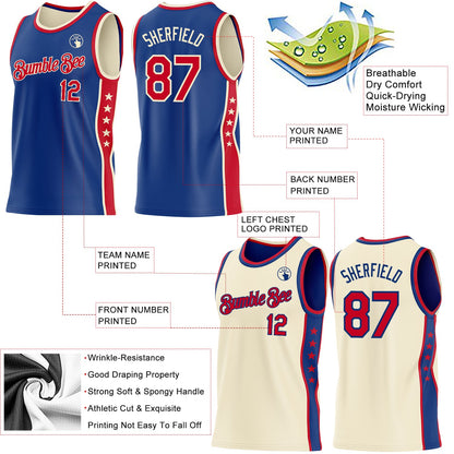 Custom Reversible Royal Red-Cream Double Side Star Sublimation Basketball Set Jersey
