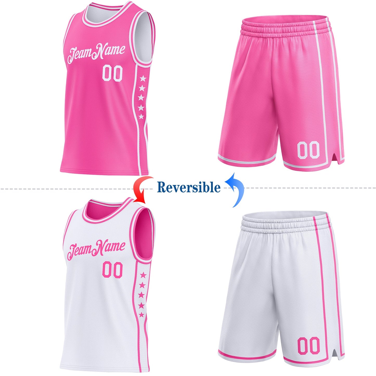 Custom Reversible Pink White Double Side Star Sublimation Basketball Set Jersey