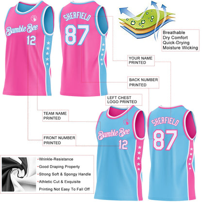 Custom Reversible Pink White-Sky Blue Double Side Star Sublimation Basketball Set Jersey
