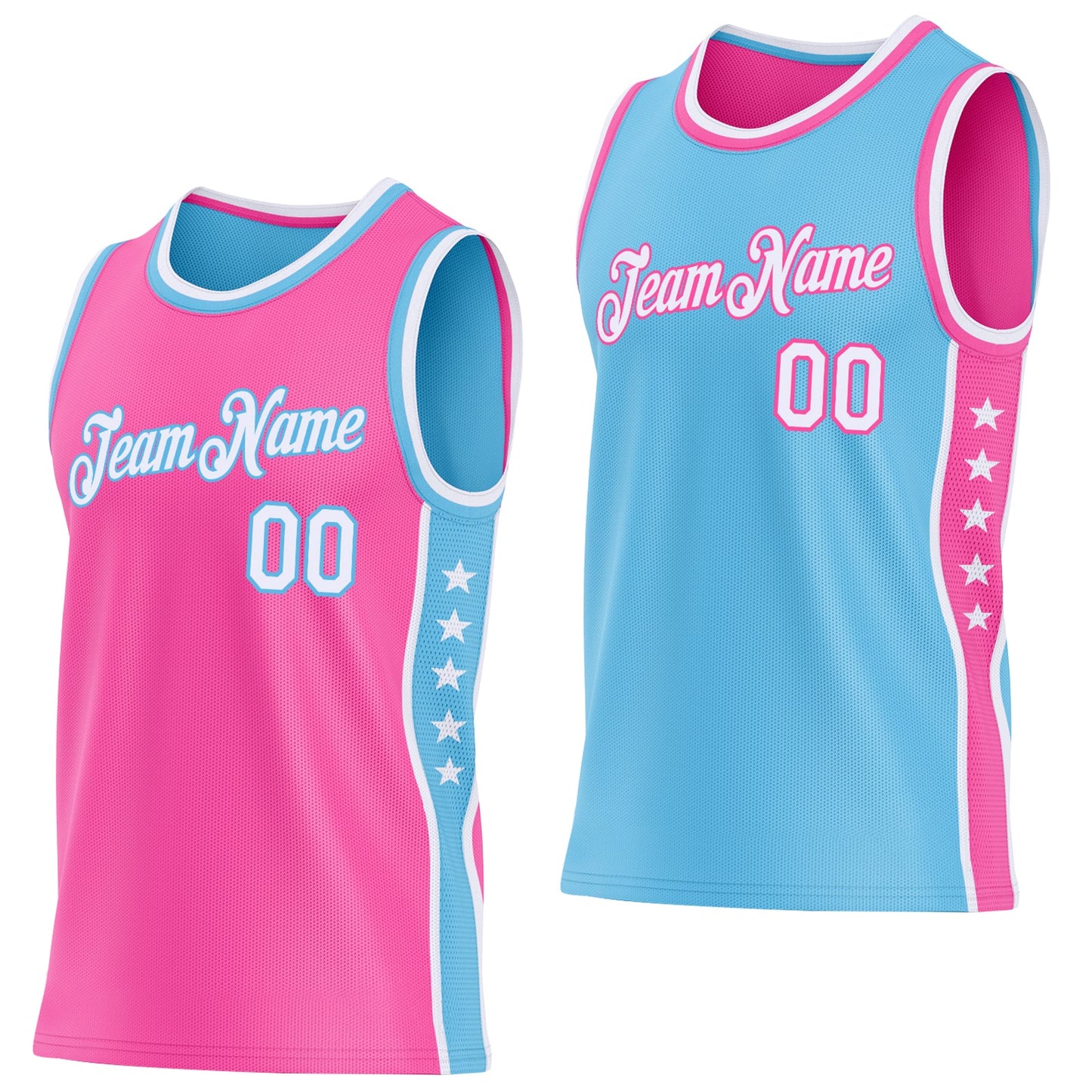 Custom Reversible Pink White-Sky Blue Double Side Star Sublimation Basketball Set Jersey