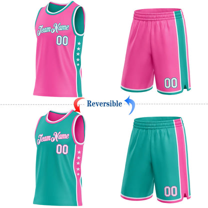 Custom Reversible Pink White-Aqua Double Side Star Sublimation Basketball Set Jersey