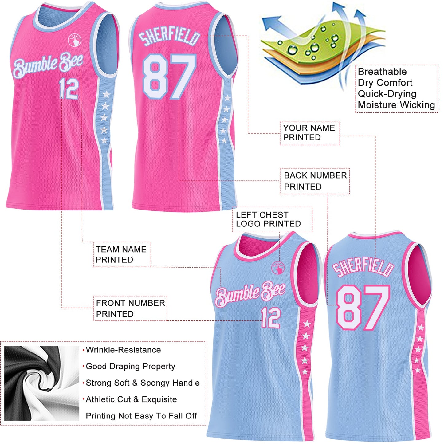 Custom Reversible Pink White-Light Blue Double Side Star Sublimation Basketball Set Jersey