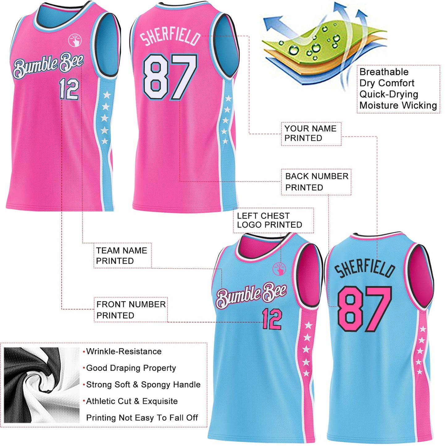 Custom Reversible Pink White Sky Blue-Black Double Side Star Sublimation Basketball Set Jersey