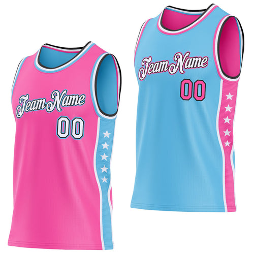 Custom Reversible Pink White Sky Blue-Black Double Side Star Sublimation Basketball Set Jersey