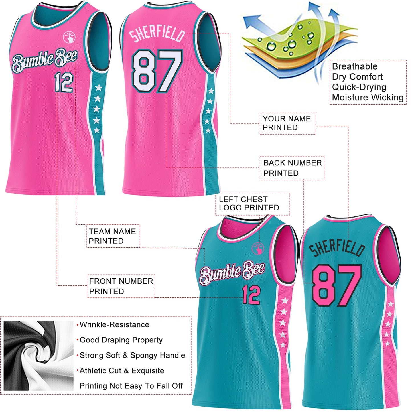 Custom Reversible Pink White Teal-Black Double Side Star Sublimation Basketball Set Jersey