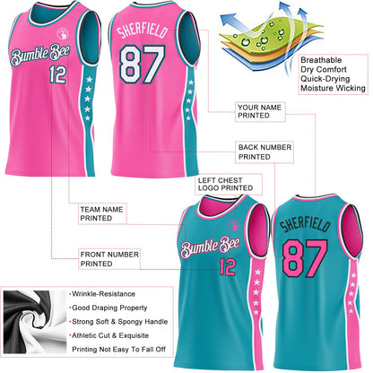 Custom Reversible Pink White Teal-Black Double Side Star Sublimation Basketball Set Jersey