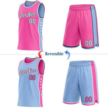 Custom Reversible Pink White Light Blue-Black Double Side Star Sublimation Basketball Set Jersey