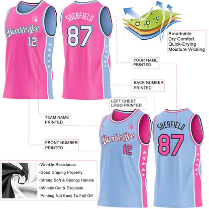Custom Reversible Pink White Light Blue-Black Double Side Star Sublimation Basketball Set Jersey