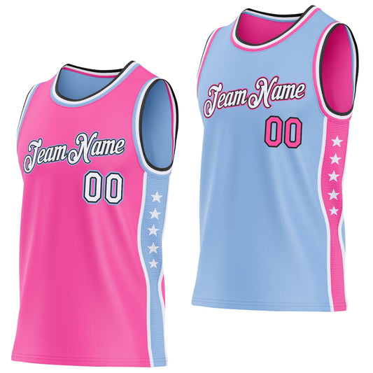 Custom Reversible Pink White Light Blue-Black Double Side Star Sublimation Basketball Set Jersey