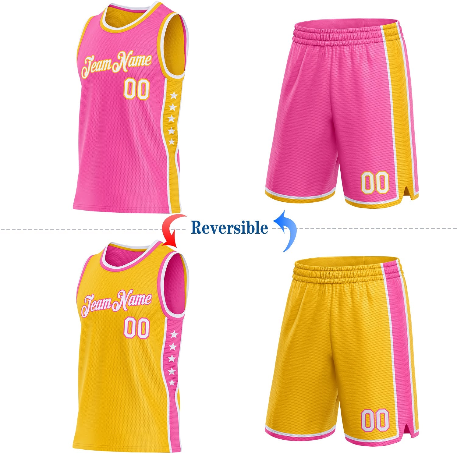 Custom Reversible Pink White-Gold Double Side Star Sublimation Basketball Set Jersey