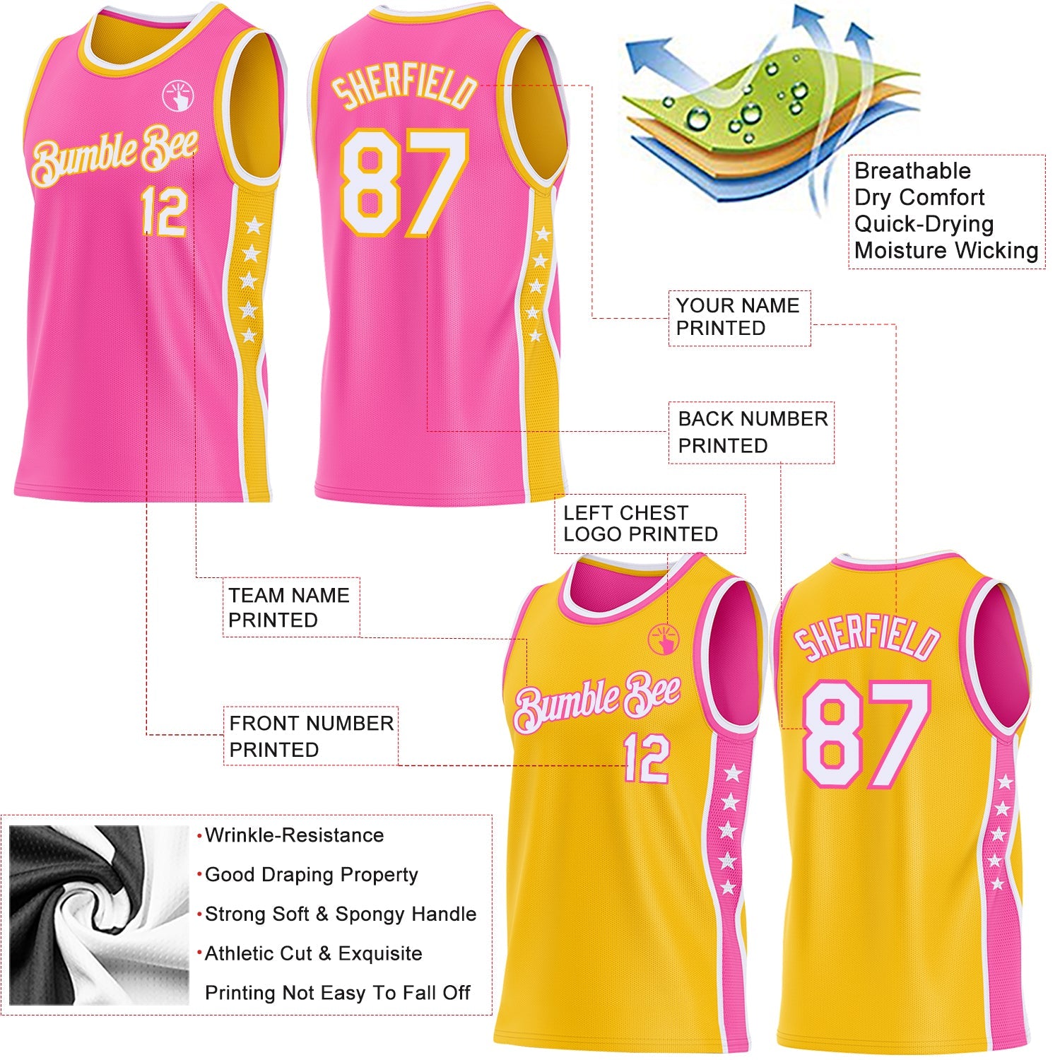 Custom Reversible Pink White-Gold Double Side Star Sublimation Basketball Set Jersey