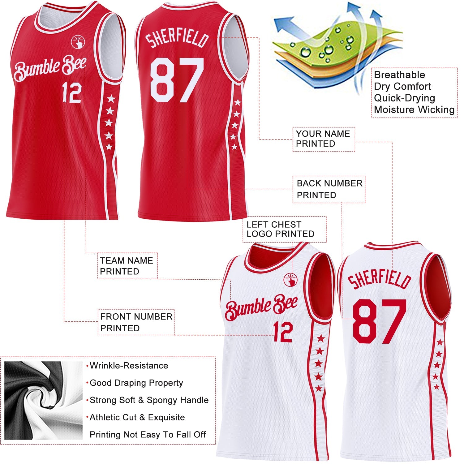 Custom Reversible Red White Double Side Star Sublimation Basketball Set Jersey